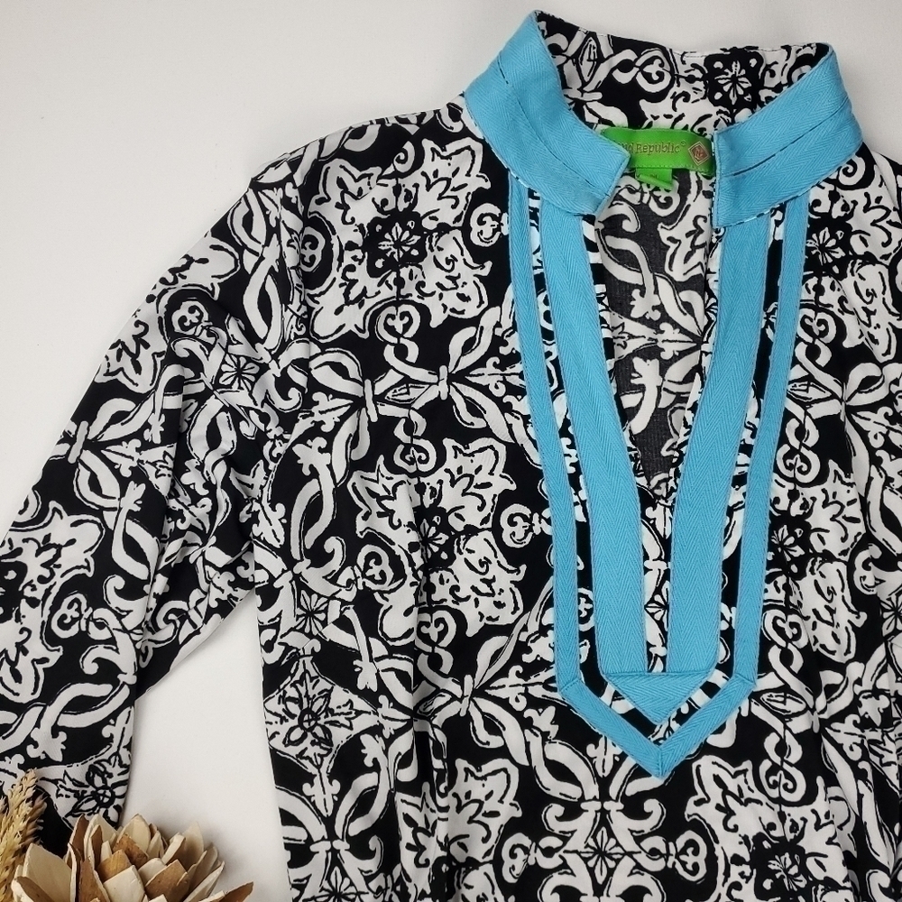 Island Republic Blk Wht Blue Boho Tunic Top Med - Picture 11 of 15